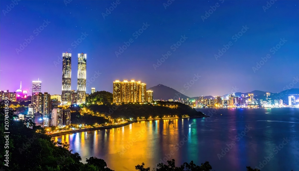 Naklejka premium Vibrant Hong Kong cityscape at night showcasing illuminated modern skyscrapers reflecting in the tranquil bay water under a deep blue evening sky
