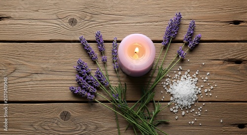 Aromatherapy Candle with Lavender and Sea Salt on Wooden Background.