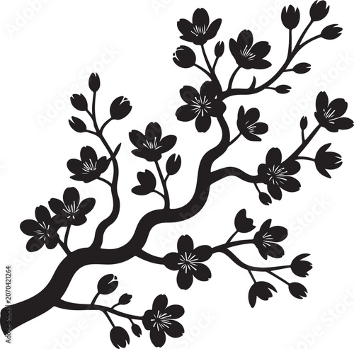 Black cherry blossom branch, floral vector, tree silhouette, white background