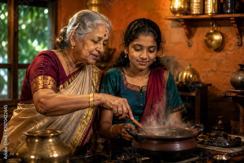 South Indian Tamil Grandmother in Silk Saree Teaching Granddaughter to Cook in Traditional Kitchen with Brass Utensils