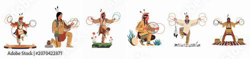 Bild auf Leinwand Collection of Native American hoop dancers in traditional regalia performing ethnic dances with hoops, isolated on white background