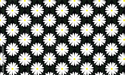 seamless pattern with white flowers and camomile pattern with black background 