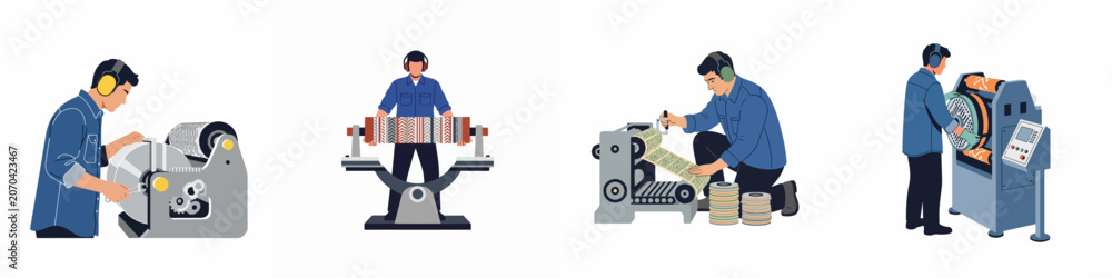 Fototapeta premium Industrial factory workers operating various manufacturing machines for production, featuring ear protection and blue uniforms in a clean flat illustration style.
