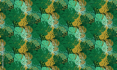 Monstera seamless pattern with golden leaves