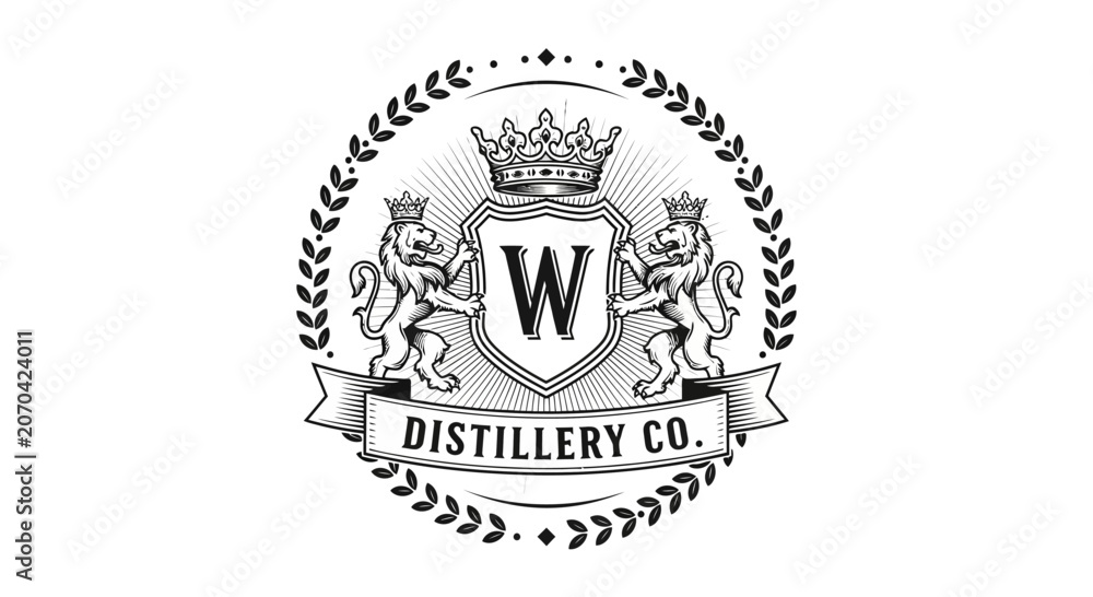 Fototapeta premium Royal Distillery Logo Emblem with Lions and Crown - Vintage Heraldic Design