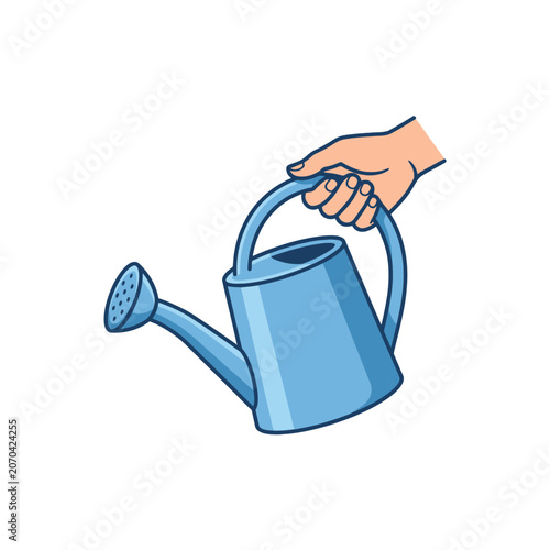 Fotografie A blue watering can is held aloft by a cartoon hand