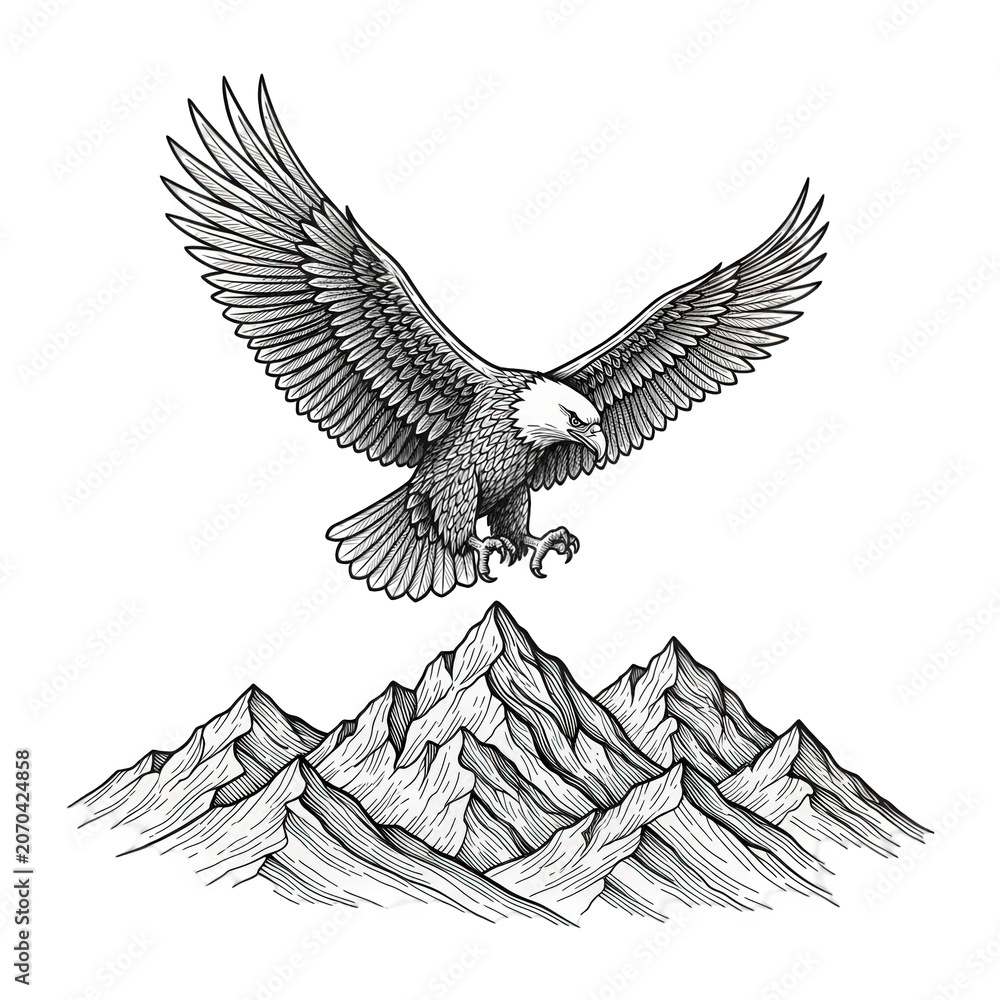 Obraz premium Bald eagle flying over mountains, wildlife symbol vector illustration