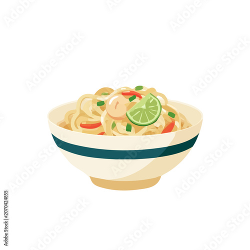 Schilderij op canvas Pad Thai, 2D flat vector illustration, simple and modern style, isolated on a plain white background