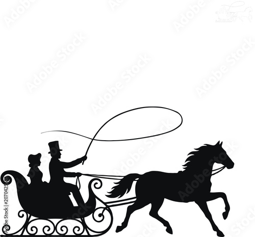 Vintage horse drawn sleigh ride black silhouette isolated on white background.