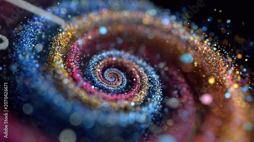 Abstract vibrant spiral of shimmering colorful particles
