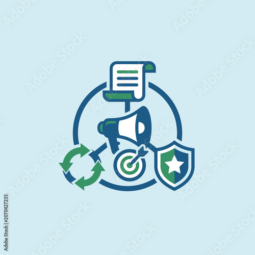 Business marketing strategy icons on a light blue background