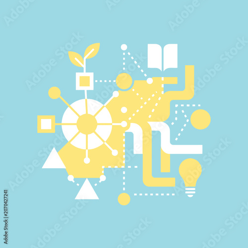 A vibrant abstract diagram shows complex ideas in motion