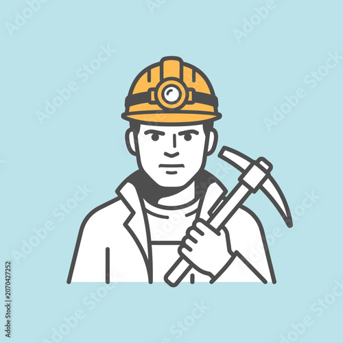 A professional miner with a yellow hard hat and a pickaxe