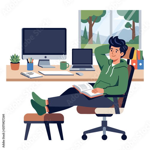 A relaxed student works at a sunny, organized desk