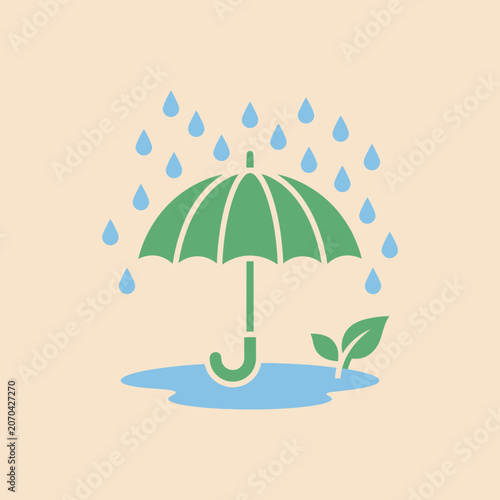 A green umbrella protects a small plant from falling rain