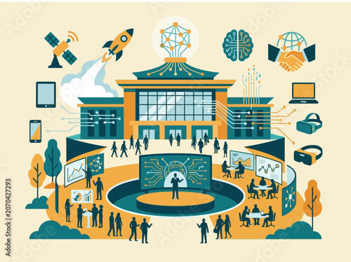 Modern digital technology and innovation hub concept illustration