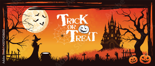 Halloween trick or treat background with haunted house, witch silhouette, pumpkins, bats, spider web and full moon in spooky orange night landscape.