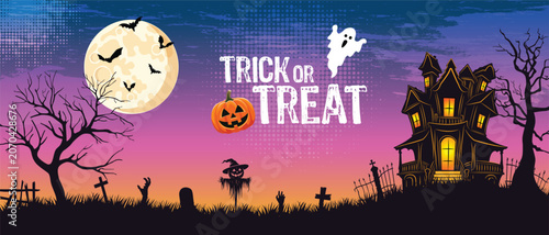 Halloween trick or treat banner with haunted house, full moon, bats, ghost, pumpkin, graveyard silhouettes and spooky twilight sky background.