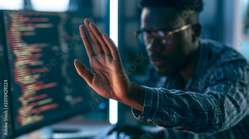 The programmer implements guardrails and the AI governance concept, subjecting an African American man to limit the autonomy of the algorithmic system, thereby ensuring human oversight.