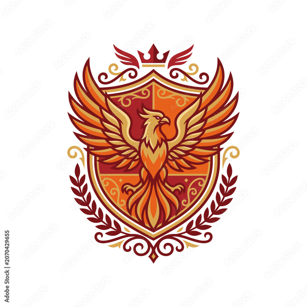 Fototapeta premium Phoenix bird crest logo on ornate shield with crown.