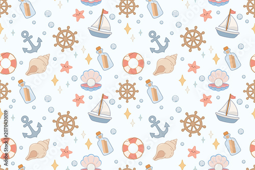 Seamless Pattern With Sailboat Anchor Ship Wheel And Shells Nautical Cartoon