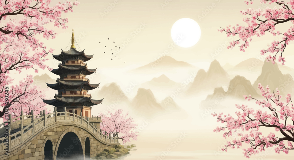 Obraz premium Traditional asian landscape with pagoda and cherry blossoms