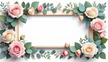 Elegant wedding frame border with pastel roses and eucalyptus and gold L-shaped corner copy space