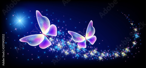 Magic butterflies with sparkle trail flying in night sky among glowing stars in cosmic space. Animal protection day concept.