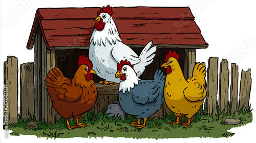 Chickens Pecking in Rustic Wooden Coop