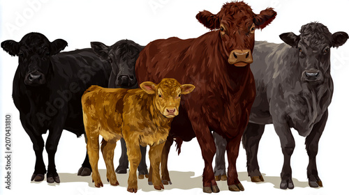 Group of Cows Standing Together in Pasture Vector Illustration