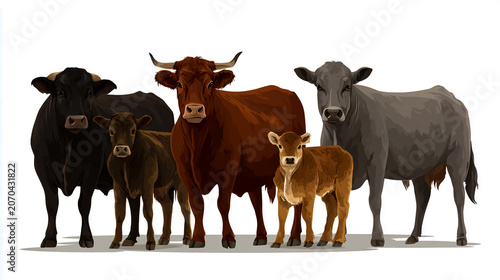 Group of Cows Standing Together in Pasture Vector Illustration