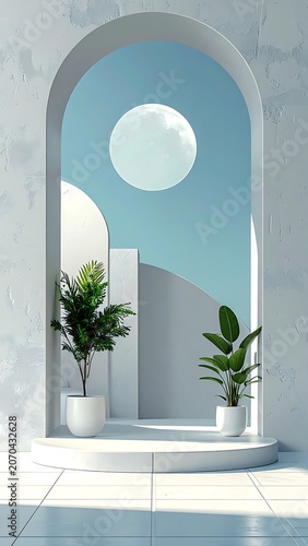 Archway with plants and blue sky.