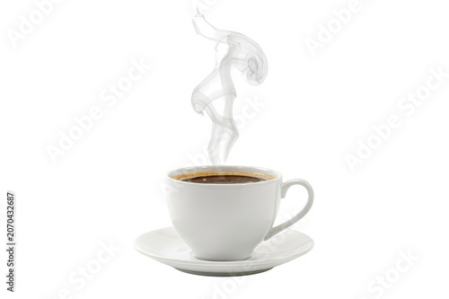 A white ceramic cup of hot coffee with artistic swirling steam rising in a unique shape, isolated on a black background, for cafe branding