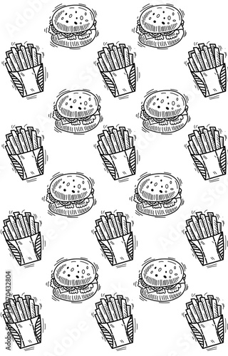 Delicious fast food pattern featuring classic burgers and crispy french fries.