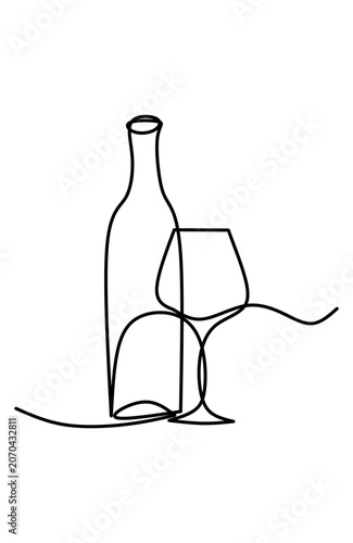 Elegant continuous line art of wine bottle and glass.
