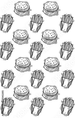 Hand drawn sketch pattern of delicious burgers and crispy french fries.