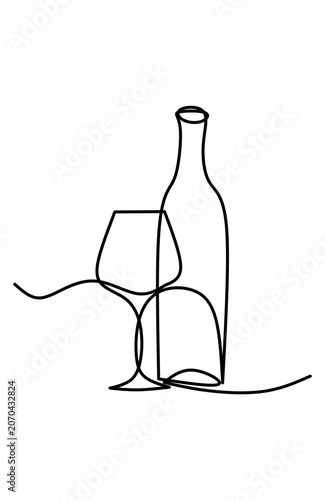 Elegant Continuous Line Art of Wine Bottle and Glass.