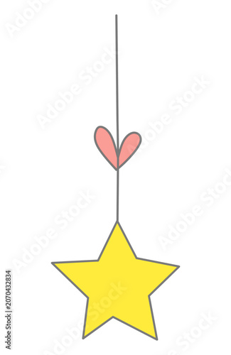 Hand-drawn yellow star with a small red heart hanging from a string simple and charming illustration.