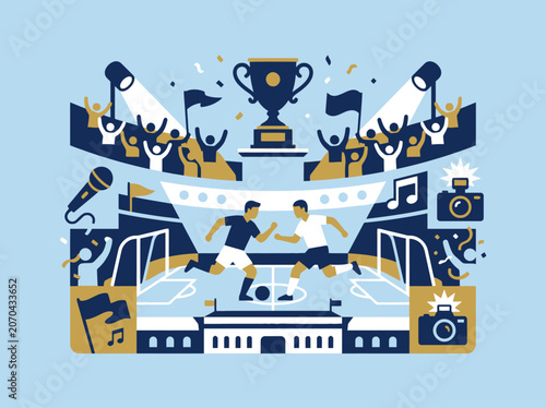 Photography Soccer players compete in a crowded stadium for a trophy
