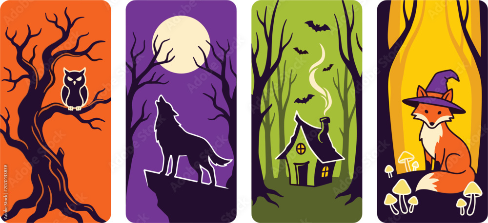 Fototapeta premium Halloween Spooky Night Animals Set Owl Wolf Witch Fox Forest Scenes Vector Illustration