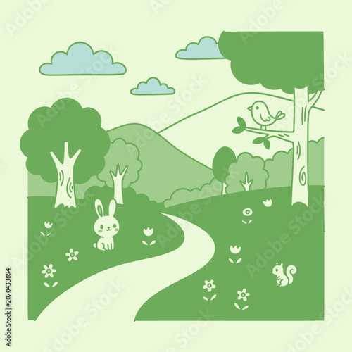 Cute green forest landscape with a bunny and a bird