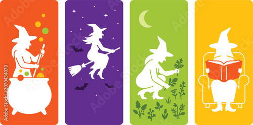 Halloween Witch Silhouette Set Brewing Flying Gathering Herbs Reading Cauldron Vector Illustration