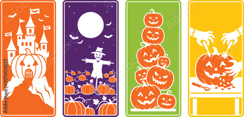 Halloween Pumpkin Scenes Set Haunted Castle Scarecrow Jack-o-Lantern Carving Vector Illustration