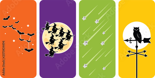 Halloween Night Silhouette Set Flying Bats Witches Moon Ghost Shooting Stars Owl Vector Illustration