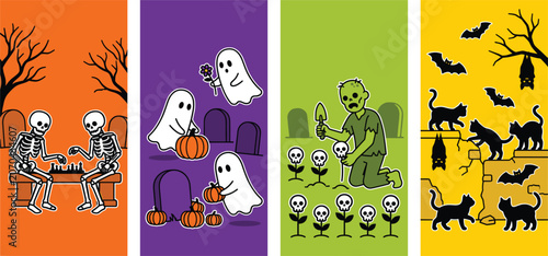 Halloween Funny Monsters Set Skeletons Chess Friendly Ghosts Zombie Garden Black Cats Vector Illustration