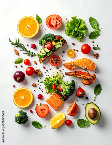 Fresh fruits and vegetables on white.