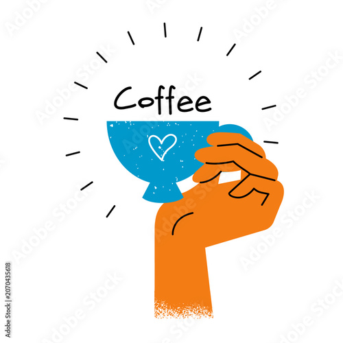hand holds a cup with a heart and the word coffee. bright poster is drawn in flat style with texture. stock vector illustration. EPS 10.