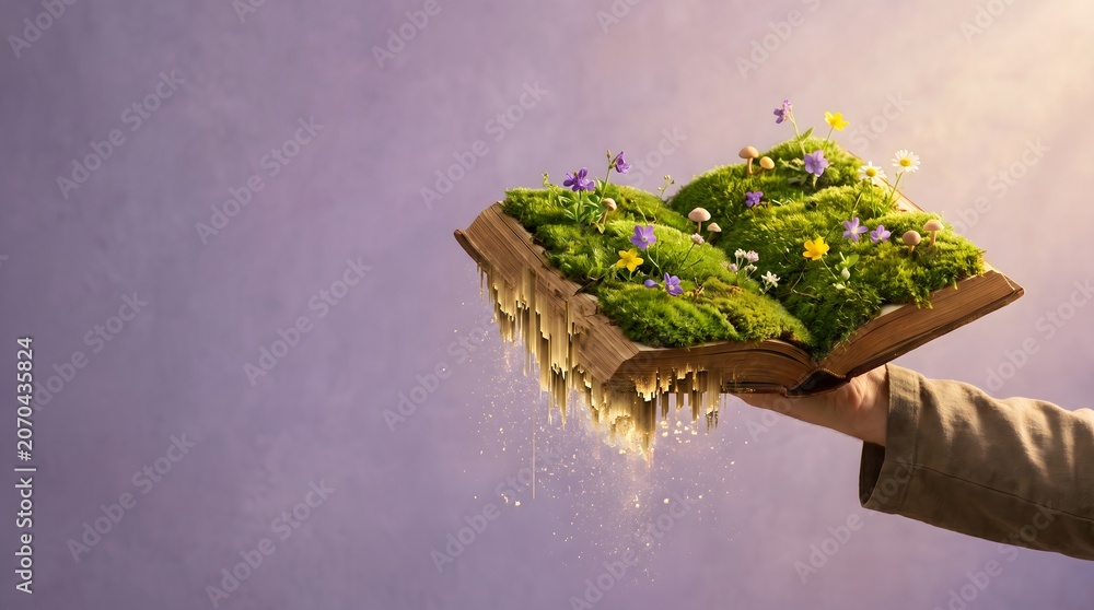 Naklejka premium Fantasy book with moss and wildflowers growing from pages held by human hand.