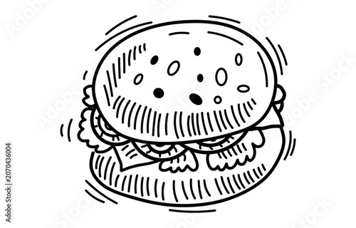 Hand-drawn sketch of a classic hamburger with sesame seeds
