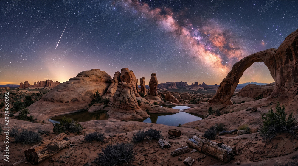 Obraz premium Milky Way and Shooting Star Over Natural Rock Arch and Reflection Pool in Desert Night